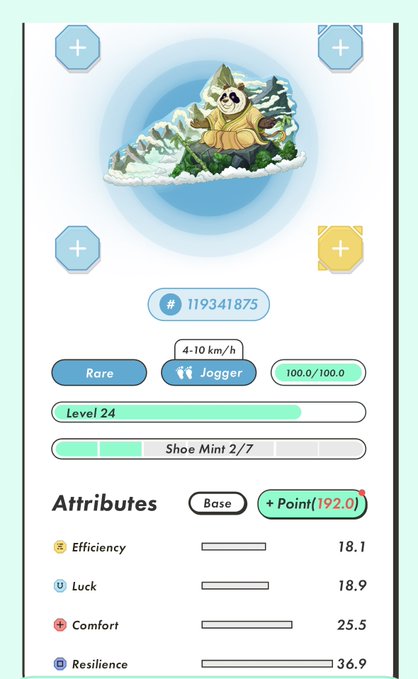 A mobile game interface displays a character with a yellow hat and green scarf, accompanied by a mountain scene and a blue circle with white arrows.
