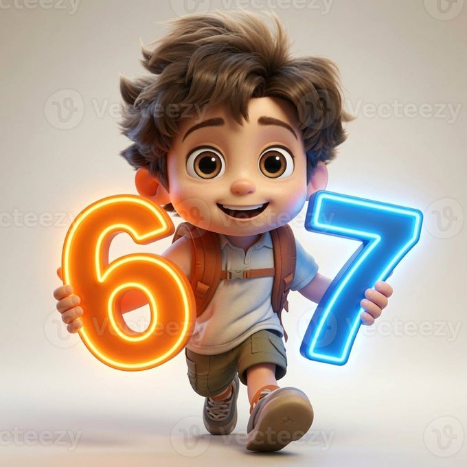 A cheerful cartoon boy with a backpack holds up glowing neon numbers "6" (orange) and "7" (blue), playfully representing the "67 MOG Arena" feature on the @sixsevenapp mentioned in the post. The vibrant, kid-friendly illustration matches the fun, competitive, and rewarding nature of the new MOG2EARN Boost described in the caption.