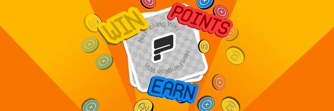 A vibrant graphic with an orange sunburst background features cards with a question mark logo surrounded by scattered coins. Bold text reads 'WIN', 'POINTS', and 'EARN' in red and blue bubble letters.