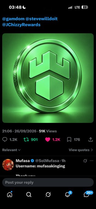 A Twitter/X post by @stevewilldoit tagged @gamdom and @JChizzyRewards showing a large green crypto coin, posted at 03:48 on 26/09/2026 with 51K views.