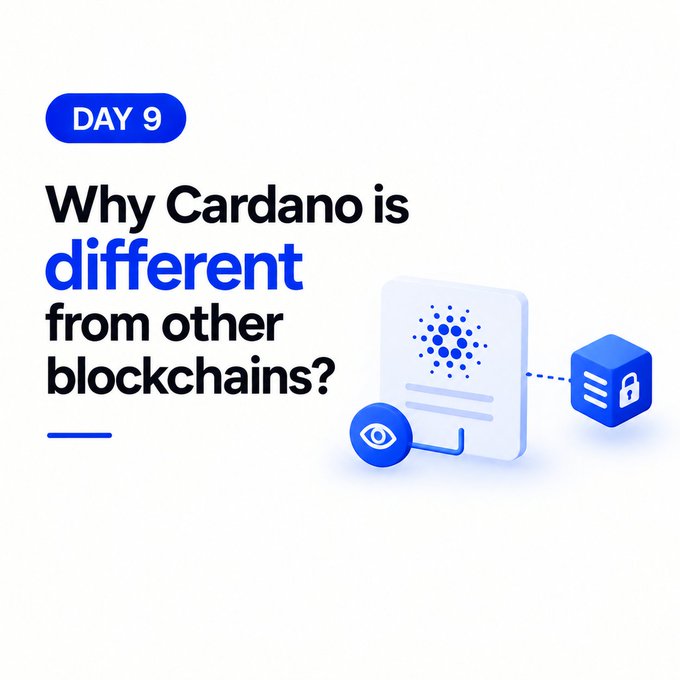 An educational graphic titled 'DAY 9 Why Cardano is different from other blockchains?' includes blue 3D icons depicting a document, an eye, and a lock.