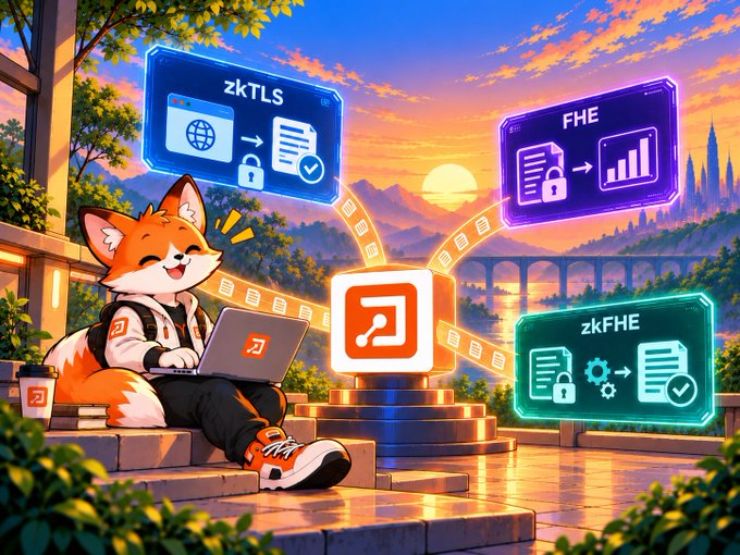 A vivid illustration shows a cartoon fox using a laptop beside glowing panels labeled “zkTLS,” “FHE,” and “zkFHE,” connected by data streams around a central orange icon.