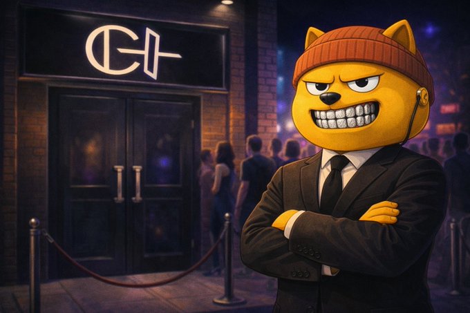 An AI-generated image of a yellow cartoon character with a beanie displaying a wide toothy grin, wearing a black suit and tie, standing with arms crossed outside a nightclub with a crowd waiting in line.