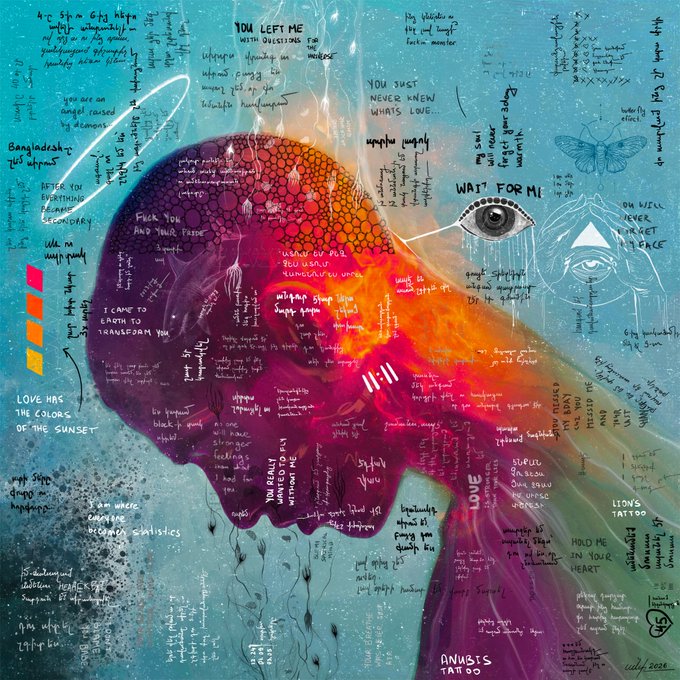 An abstract mixed-media artwork featuring a colorful human profile silhouette surrounded by handwritten text including phrases like 'YOU LEFT ME WITH QUESTIONS', 'WAIT FOR ME', 'LOVE', and 'ANUBIS TATTOO'.