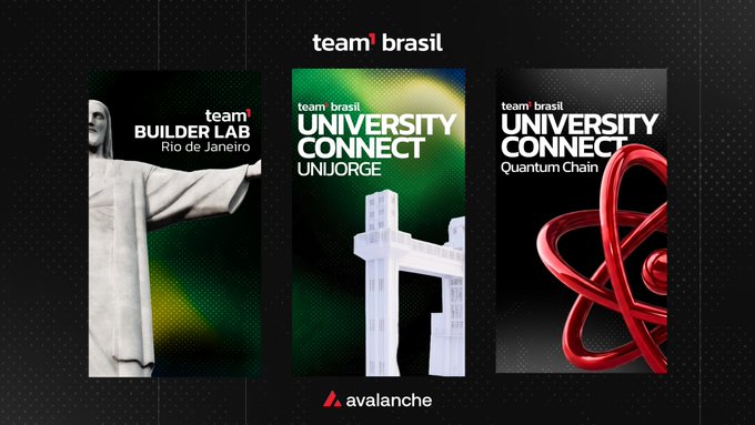 A promotional graphic for 'team brasil' featuring three event posters for BUILDER LAB Rio de Janeiro, UNIVERSITY CONNECT UNIJORGE, and UNIVERSITY CONNECT Quantum Chain, with an Avalanche logo at the bottom.