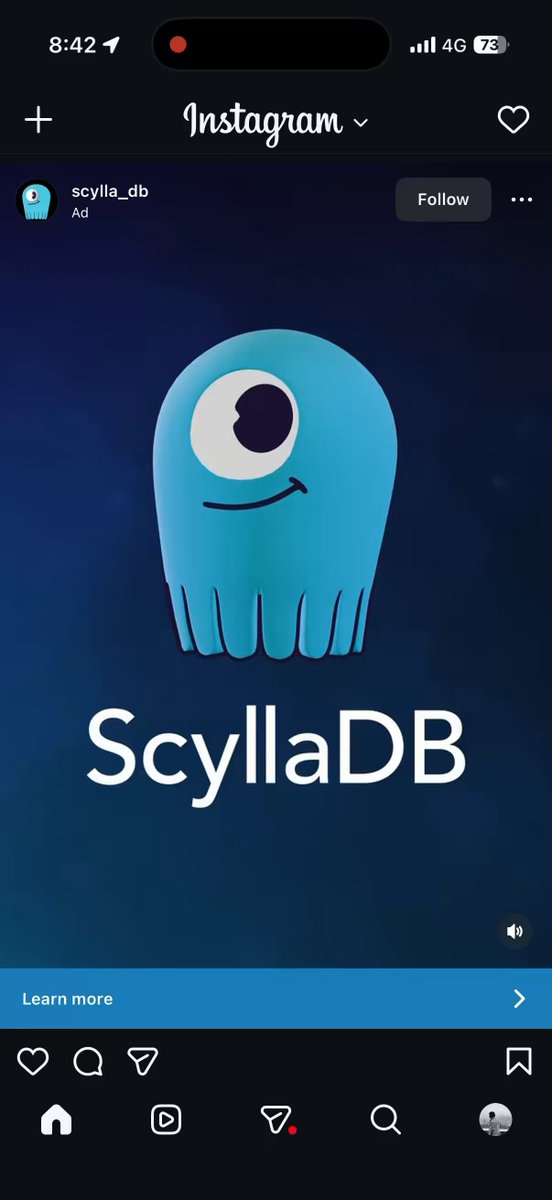 The image shows a phone screen displaying an app called "ScylladaDB", which is a tool for managing data. Below the app's name, there are two icons representing the Instagram logo and the Flickr logo. The Instagram logo is located at the top left corner of the screen, while the Flickr logo is positioned in the bottom right corner. The post on the Instagram page reads: "Algo so cooked I’m getting database ads".