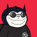 A cartoon avatar of a character wearing a black hoodie with devil horns and sunglasses against a red backdrop.
