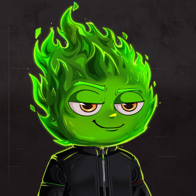 A cartoon character with a flaming green head and a smug grin wears a black jacket. The character's confident, mischievous expression mirrors the poster's carefree boast about making a quick double profit on a trade and cashing out without concern.