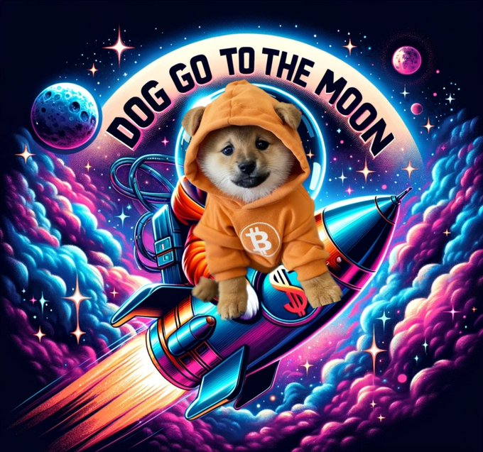 A vibrant, psychedelic-style illustration shows a Shiba Inu puppy wearing an orange hoodie emblazoned with the Bitcoin logo, riding a rocket through a cosmic cloudscape with the text "DOG GO TO THE MOON" arched above and the DOGE cryptocurrency symbol on the rocket itself. The image captures the bullish, community-driven rallying cry of the $DOG army's post, visually representing their "to the moon" mission with playful crypto and space imagery.