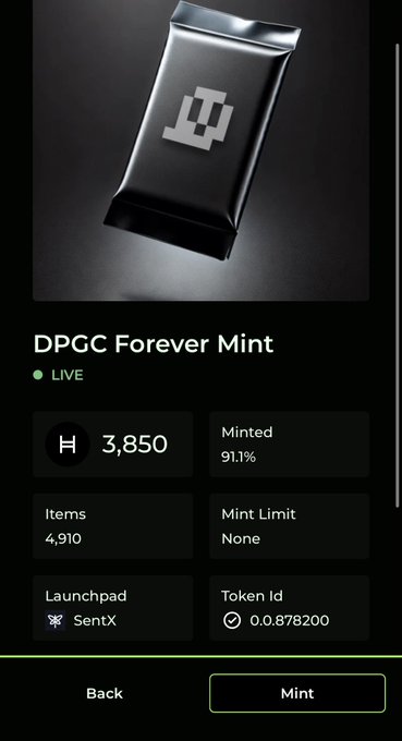 A mobile app screen shows a 'DPGC Forever Mint' listing with a 3D black ingot graphic, displaying 3,850 minted tokens at 91.1%, 4,910 items, no mint limit, SentX launchpad, and token id 0.0.878200, with a 'Mint' button below.