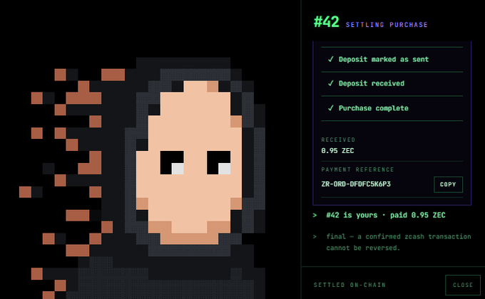 A pixel art character face appears on the left while a transaction confirmation screen on the right shows '#42 SETTLING PURCHASE' with 0.95 ZEC received and 'Purchase complete' status.