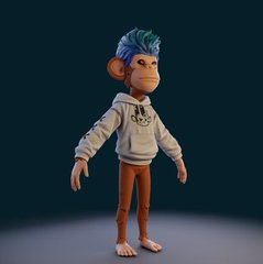 A 3D-rendered cartoon-style monkey character with blue and teal hair wearing a white hoodie against a dark background.