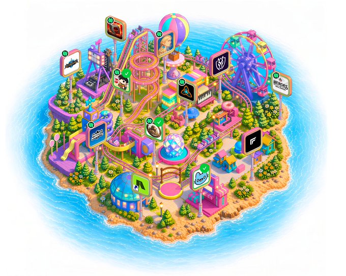 The image features a colorful cartoon island with various attractions such as a roller coaster, ferris wheel, and carousel. The island also has multiple mini-apps scattered throughout its landscape, including a music app, a game app, and an amusement park theme park theme. The post is promoting the Mini Apps Carnival, which offers users the opportunity to stack points, earn rewards, and access these mini-apps in one place.