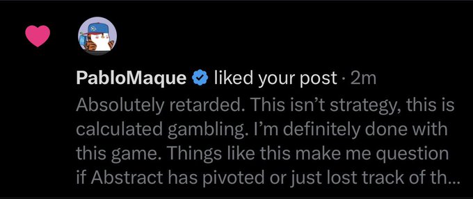 A mobile screenshot shows that Twitter user @PabloMaque liked a post criticizing "calculated gambling" rather than strategy, with the caption noting how his like on the post about RugPull Bakery raises questions about whether games like RPB or Moody Vaults should be required to list RTP (return-to-player) percentages.