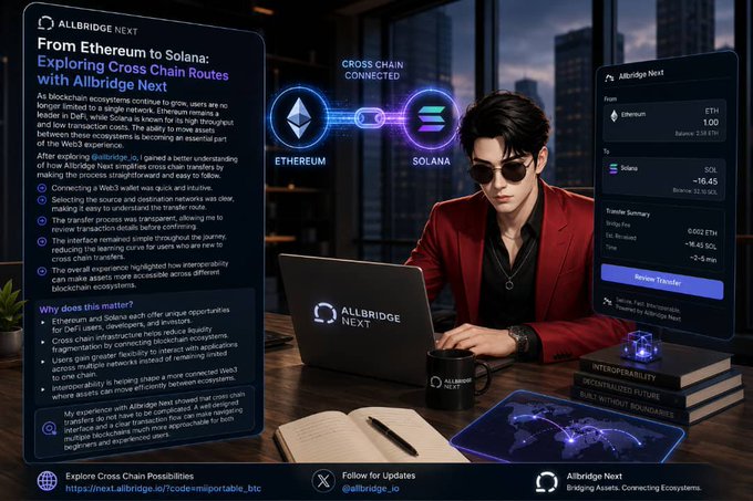 A person wearing sunglasses types on a laptop displaying the Allbridge Next platform, with floating panels showing an Ethereum to Solana transfer (ETH 100, balance 2.38 ETH) for SOL at rate 323.32, featuring cross-chain connectivity graphics and text explaining why Ethereum and Solana each offer unique opportunities for DeFi users and developers.