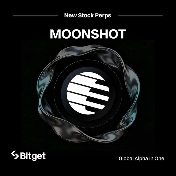 Bitget promotional graphic announcing 'MOONSHOT' as a new stock perpetual, featuring a metallic black logo design with the tagline 'Global Alpha In One'.