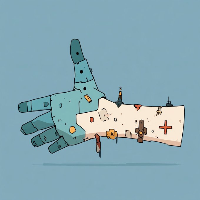 A pixelated, battle-scarred robotic hand against a blue background, featuring worn armor plating and various symbols including an orange "X" tag, a red cross, and small figures, visually evoking themes of decay and combat. The damaged, makeshift armor paired with the post's message about treasury reduction and migration issues suggests a metaphor for resilience and transparency through hardship, like a robot soldier continuing its mission despite visible wear and losses.