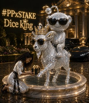 A promotional image for #PPxSTAKE titled 'Dice King' showing jeweled figurines of a crowned figure riding a goat and a kneeling woman, set against a luxurious mansion backdrop.