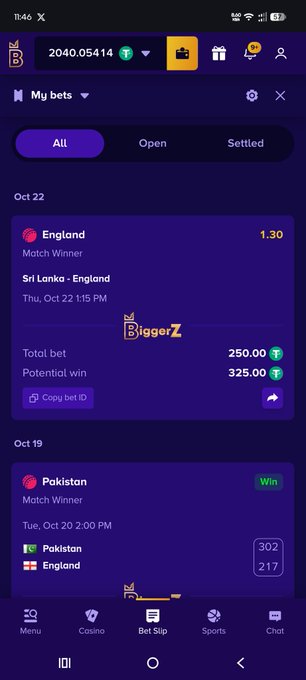 A mobile betting app screen shows “My bets,” including “England Match Winner” for “Sri Lanka - England” and a settled Pakistan-England match, with “BiggerZ” and balance or stake figures visible.