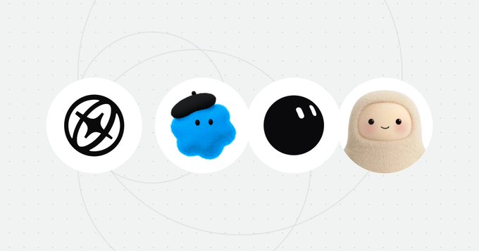 Four circular icons displayed in a row against a dotted background, featuring a sphere logo, a blue blob character with a beret, a black circle with two white dots, and a cream-colored plush figure. The image visually represents different AI agents or bots "meeting aside," illustrating the post's theme of enhancing browsing capabilities for agents.