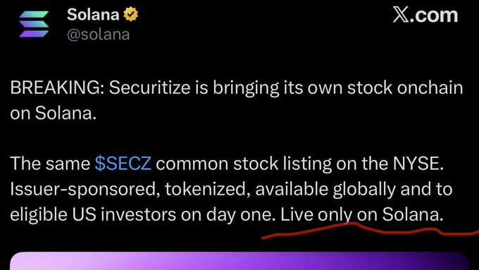 The image is a tweet from Solana (@solana) announcing that Securitize is bringing its $SECZ common stock onchain to Solana, mirroring its NYSE listing and available globally to eligible US investors.

The accompanying post "In a world full of Solanas, be Avalanche" mocks the announcement by highlighting Avalanche's positioning as a distinct alternative to Solana's growing dominance in tokenization.