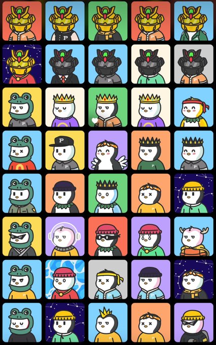 A grid of cute cartoon character NFT-style icons featuring various designs including frog-helmet warriors, bears, kings/princes, and other stylized figures on colorful backgrounds.