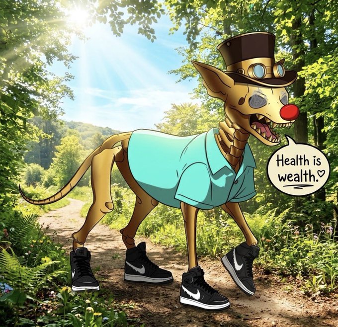 An illustrated cartoon of a skeletal giraffe wearing a top hat with goggles, a turquoise shirt, and black Nike sneakers walking on a forest path with a speech bubble saying "Health is wealth.♡".