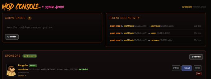 The image shows a "MOD CONSOLE • SUPER ADMIN" dashboard displaying zero active games, recent mod activity logging commands by user "wrobison" to grant_mod to eggyman, snaps, and zackswan, and a sponsor section featuring "Pongolin" (username congalive) with a sponsor fee of $20.36, ending 55 days before post date. The post about supporting builders, communities, and the $BOB family doesn't directly connect to the screenshot, though it could reference the sponsor relationship shown in the admin console as an act of supporting a community builder.