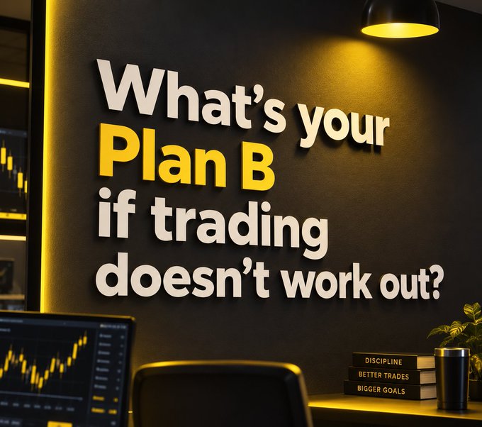 A dark office wall features the text 'What's your Plan B if trading doesn't work?' in white and yellow lettering, with books labeled 'DISCIPLINE', 'BETTER TRADES', and 'BIGGER GOALS' on a desk below.