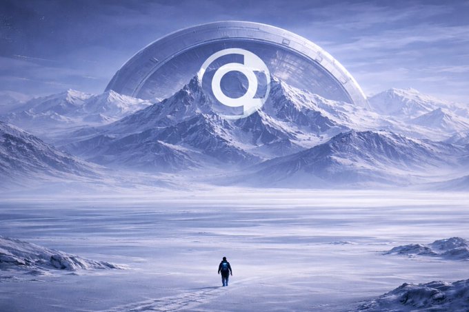A cinematic landscape featuring a lone figure walking across a vast, frozen tundra toward snow-capped mountains, with a massive translucent dome bearing a circular arrow logo hovering above the peaks.