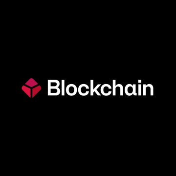 The image shows the Blockchain.com logo (a red cube) alongside the word "Blockchain" in white text on a black background, referencing Blockchain.com—the crypto platform mentioned in the news about partnering with the NYSE to offer tokenized US stocks and ETFs.