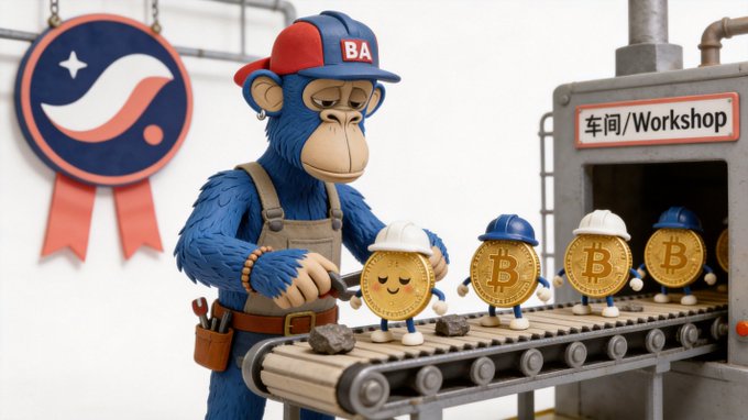 A 3D illustration of a blue monkey in overalls and a 'BA' cap inspecting Bitcoin coins with hard hats on a factory conveyor belt, labeled '车间/Workshop' with a Starwave-style logo on the wall.