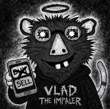 A black-and-white drawing of a rat-like character with a halo holding a phone displaying a stock chart with the word 'SELL', labeled 'VLAD THE IMPALER' on its shirt.