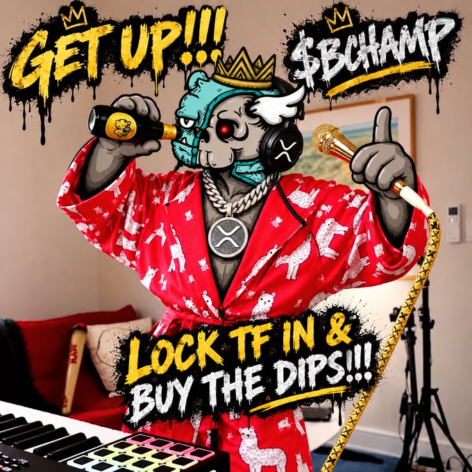 Stylized illustration of a character in a red alpaca-patterned robe, drinking from a bottle and holding a gold microphone, with text reading 'GET UP!!!', '$BCHAMP', and 'LOCK TF IN & BUY THE DIPS!!!'.