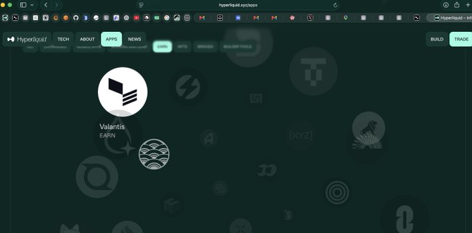 A screenshot of the Hyperliquid.xyz website's "APPS" section displays "Valantis EAR/N" as a featured app among various other crypto-related logos in the background, supporting the post about Valantis being featured on Hyperliquid.