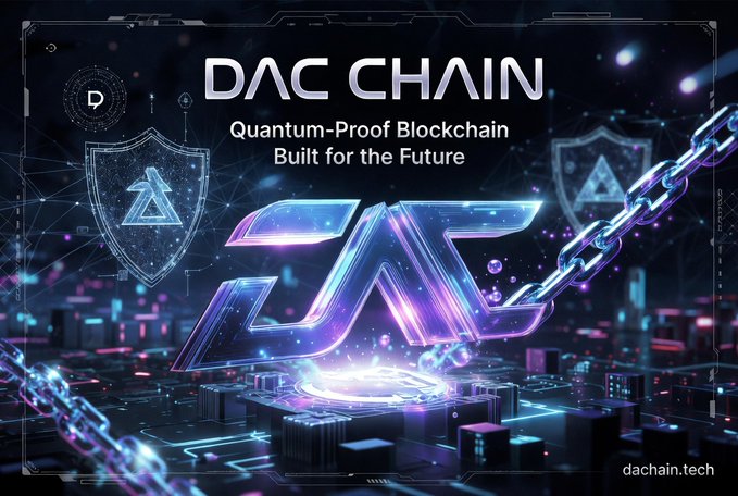 The image is a futuristic promotional graphic for "DAC CHAIN," featuring the tagline "Quantum-Proof Blockchain Built for the Future" alongside a large metallic "DC" logo, digital chain links, and security shield emblems set against a neon-lit cityscape, with the website "dachain.tech" displayed in the corner.

The visual reinforces the post's message about unshakeable security foundations by symbolizing quantum-resistant protection through digital chains and shields, aligning with DAC Chain's expanding global ecosystem.