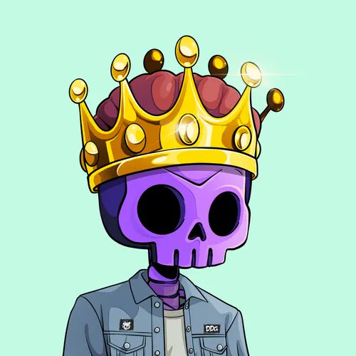 A cartoon illustration of a purple skull character wearing a large gold crown adorned with red and yellow gems, dressed in a blue denim jacket with 'ppp' and a skull patch, set against a light blue background.