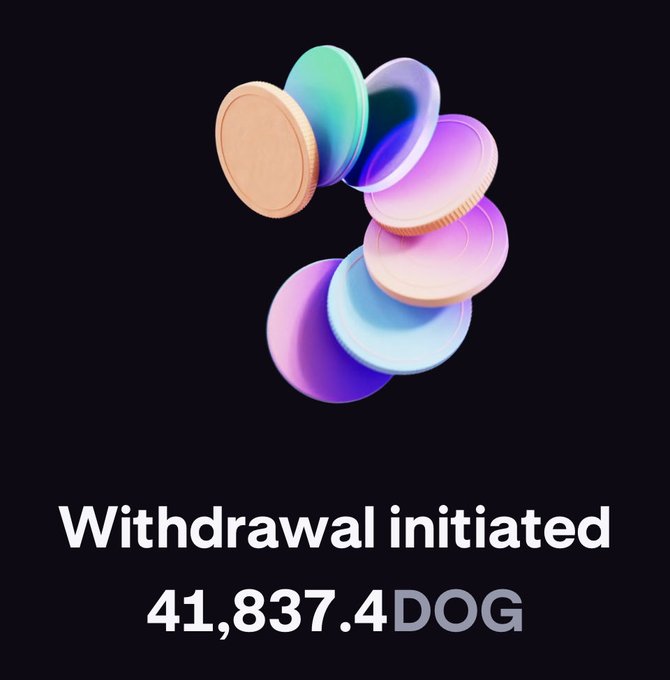 A digital rendering of colorful, iridescent stacked coins floats above the text "Withdrawal initiated 41,837.4 DOG" on a black background, illustrating the successful cashout of Dogecoin from an exchange. The image visualizes the post's celebration of adding a substantial 41,837.4 DOG to the user's holdings.