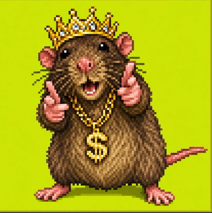 Pixel art of a brown rat wearing a gold crown and a gold chain with a dollar sign pendant, standing against a bright green background and pointing upward.