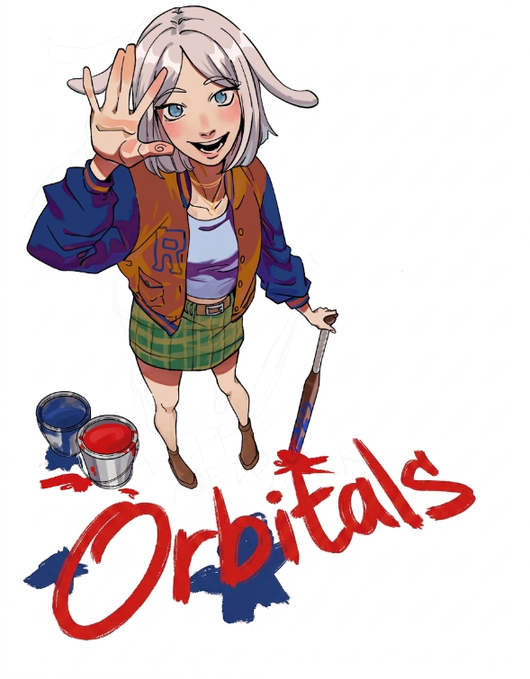 An anime-style illustration of a silver-haired girl holding a paintbrush and showing four fingers, with red and blue paint buckets beside her and the title "Orbitals" in red text below.