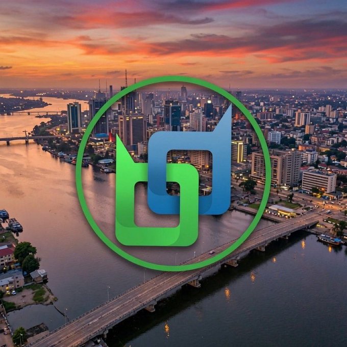 A blue and green logo is overlaid on an aerial sunset view of a city with a river and bridge.