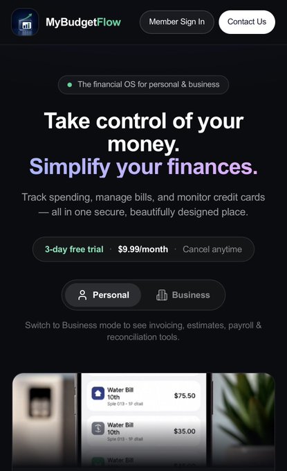 A promotional page for 'MyBudgetFlow' with the tagline 'Take control of your money. Simplify your finances.' offering a 3-day free trial at $9.99/month.