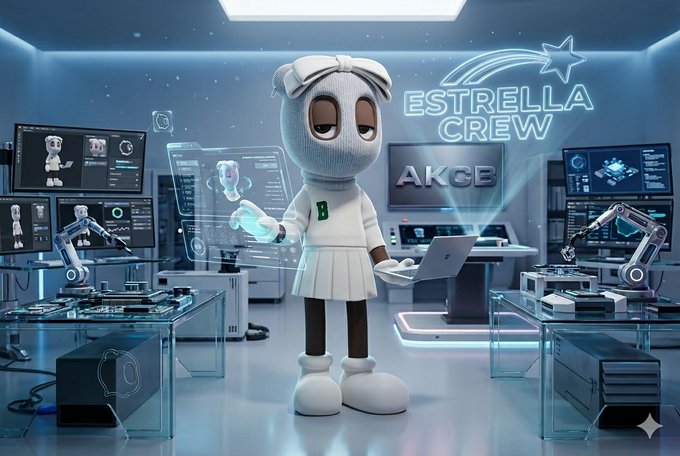 A 3D-rendered cartoon mascot character wearing a white hoodie and skirt stands in a futuristic high-tech lab with robotic arms and holographic displays; visible text reads 'ESTRELLA CREW' and 'AKCE'.