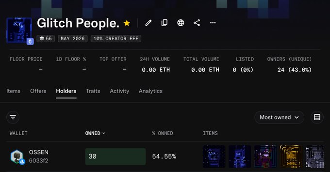 An NFT collection page for 'Glitch People' showing a May 2026 release date with 10% creator fee, 0.00 ETH in 24h volume, 24 unique owners (43.6%), and top holder 'OSSEN' (6033f2) owning 54.55% (30 items).