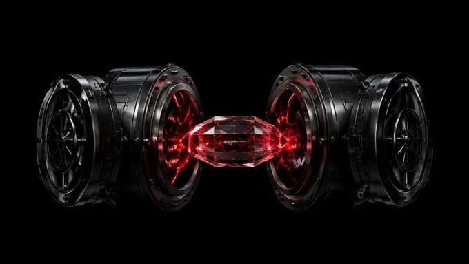 A dark, sci-fi style image shows two large mechanical cylindrical devices facing each other, connected by a glowing red energy core or crystal.