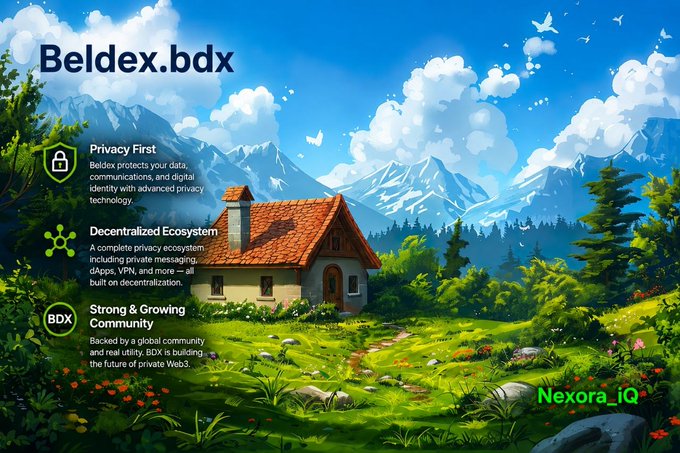 A promotional graphic for "Beldex.bdx" features a charming cottage in a mountainous landscape, highlighting three key features: "Privacy First" with a shield icon, "Decentralized Ecosystem" with a network icon, and "Strong & Growing Community" with a BDX badge. The text "Nexora_iQ" appears in the bottom right corner.