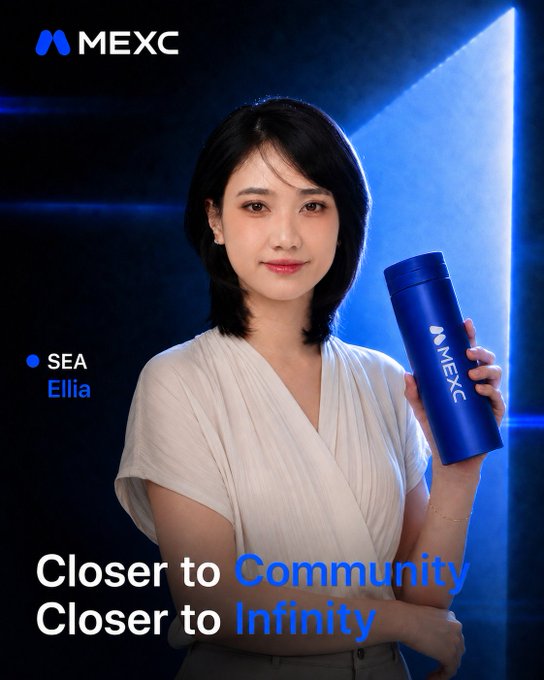 A promotional image featuring a woman labeled 'SEA Ellia' holding a blue MEXC branded thermos, with the tagline 'Closer to Community Closer to Infinity'.