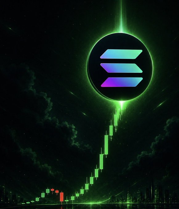 A glowing Solana logo hovers above a dramatic green candlestick chart rising against a dark, stormy sky with city lights at the bottom.