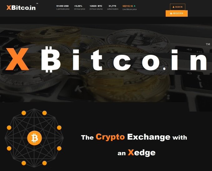 The xBitcoin cryptocurrency exchange homepage featuring the tagline 'The Crypto Exchange with an Xedge' and displaying Bitcoin price at 91450 USD (+5.26%).