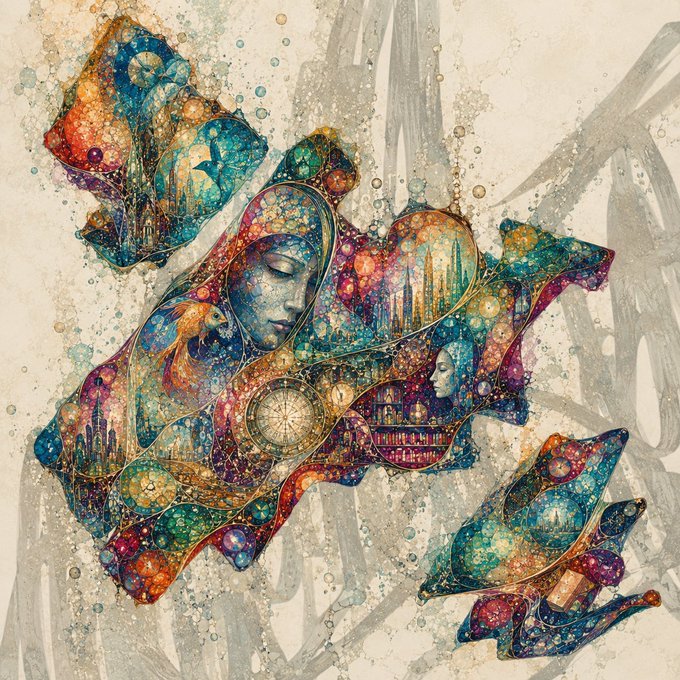 A surreal, colorful digital artwork featuring a hooded female figure with closed eyes composed of intricate mosaic patterns in blue, red, gold, and purple hues, surrounded by abstract shapes and bubbles.